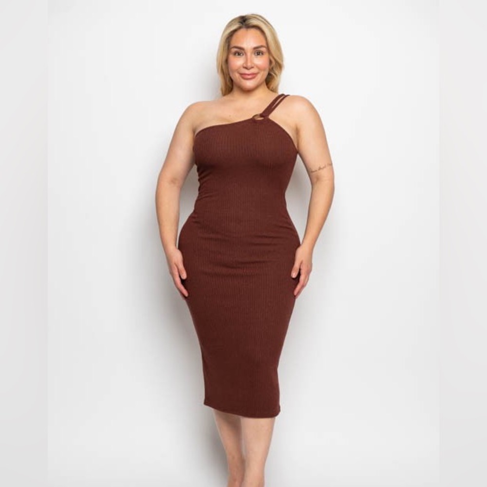 Plus Size Rib Knit O Ring One Shoulder Strap Midi
